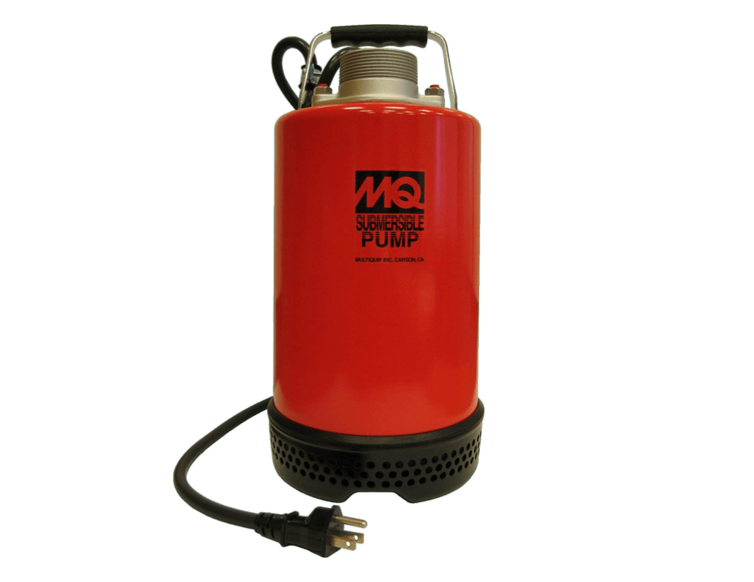 Front Image of MultiQuip 2" Electric Submersible Centrifugal Pump Red. 
This is an eye-level, full-shot of a bright red cylindrical submersible pump, standing upright against a plain white background. The pump has a black base with circular vents, a black handle on top, and a black electrical cord with a three-pronged plug extending from its side.