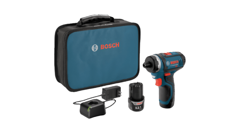  A  small, pistol-shaped power tool with a square peg at the front. This is a Bosch cordless impact wrench, designed to quickly tighten and loosen nuts and bolts. The kit includes the blue and red tool, a small 12-volt battery, a charger, and a soft carrying case with the Bosch logo, making it portable and ready for various fastening tasks.