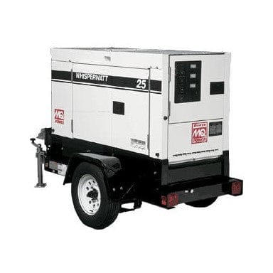  Towable generator, specifically a Multiquip WhisperWatt 25, which is encased in a white, sound-dampening enclosure with black accents and the "WhisperWatt 25" label on its side. It has a single axle with tires, a towing hitch, and rear lights, indicating its portability for providing power where needed.