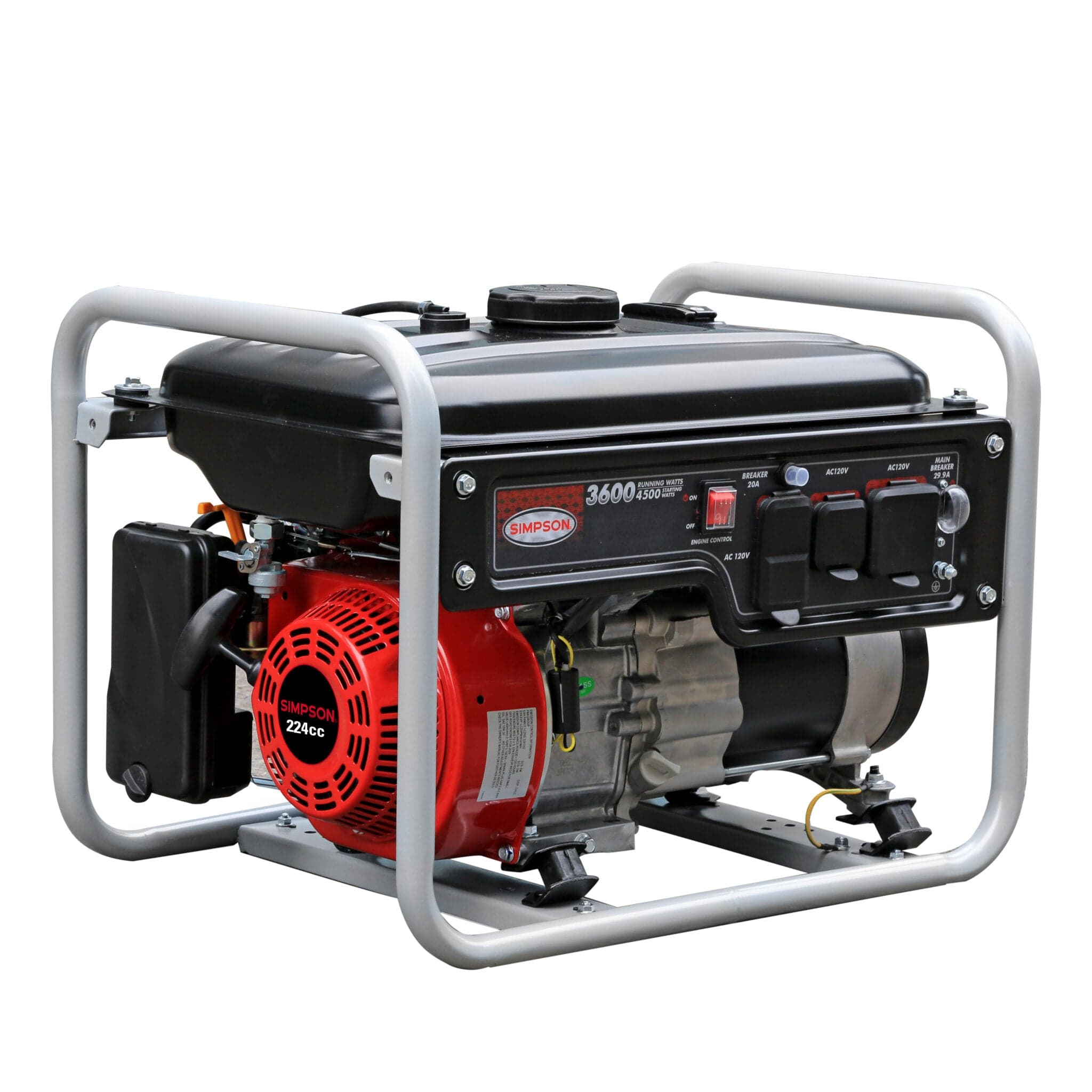 Simpson PowerShot 3600-Watt Recoil Start Gas Portable Generator. You can clearly see the "SIMPSON" branding and the "3600 PSI" marking on the black control panel. The red engine also has a sticker indicating "SIMPSON 224 cc".