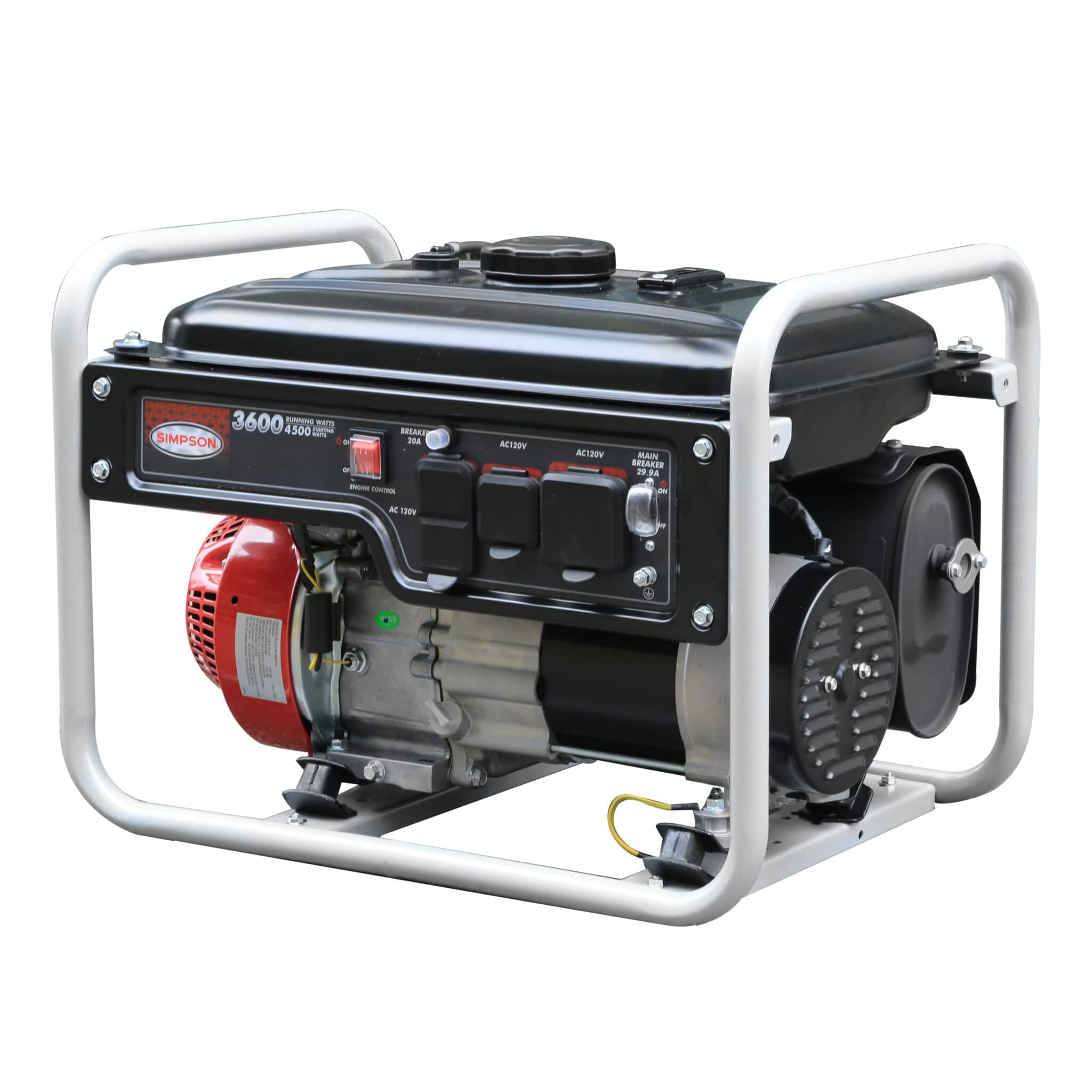 Metal roll cage, similar to the previous Simpson generator, but perhaps a bit smaller. Inside, you'll find a smooth, cool fuel tank on top. On the front, there's a panel with switches and covered electrical outlets that you can feel. To one side, there's an engine with a red cover that has ridges for cooling. You can also feel the exhaust pipe on the other side. It's a compact machine designed to produce electricity.