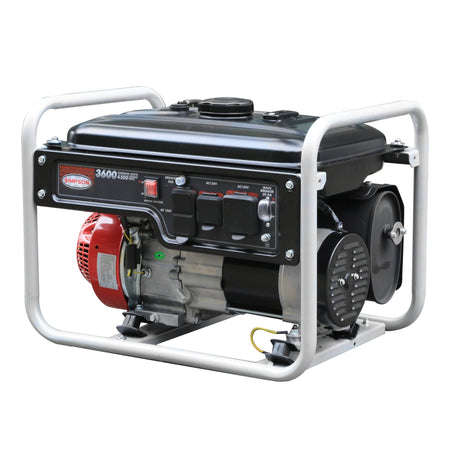 Metal roll cage, similar to the previous Simpson generator, but perhaps a bit smaller. Inside, you'll find a smooth, cool fuel tank on top. On the front, there's a panel with switches and covered electrical outlets that you can feel. To one side, there's an engine with a red cover that has ridges for cooling. You can also feel the exhaust pipe on the other side. It's a compact machine designed to produce electricity.