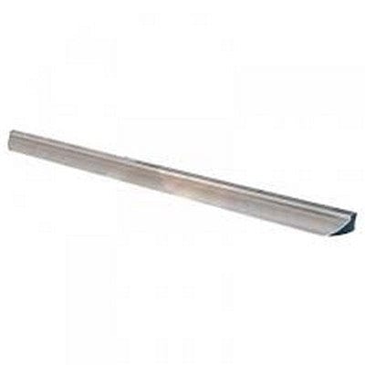  Long, slender bar, smooth and likely made of metal. It feels cool to the touch. One of its long sides is mostly flat, while the other long side has a distinct, angled shape, like a gentle ramp leading up to a narrow edge. This angled side then meets a flat bottom. At one end, you might feel a small, dark, possibly rubbery piece attached. It feels like a tool designed to smooth or level something, maybe concrete or another soft material. You could imagine dragging this tool across a surface, with the angled