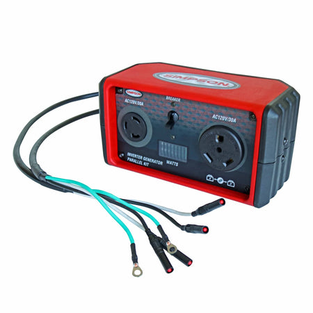  You can see it has two standard AC 120V/30A outlets and what appear to be connection points and wiring to link two Simpson inverter generators together. This setup would allow you to double the power output for larger electrical demands.