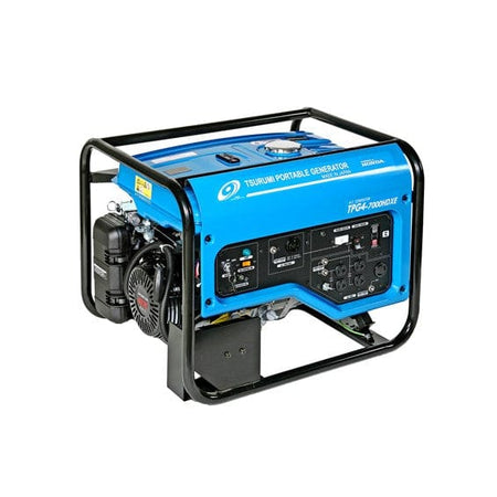 Tsurumi Portable Generator TPG4-7000HDXE. You can clearly see the "TSURUMI PORTABLE GENERATOR" branding in white letters on the blue fuel tank, along with the model number "TPG4-7000HDXE" and the "MADE IN JAPAN" designation. It features a black protective roll cage, various power outlets on the side panel, and is powered by a Honda engine, as indicated by the "HONDA" label on the engine housing. This is a robust and reliable portable generator.