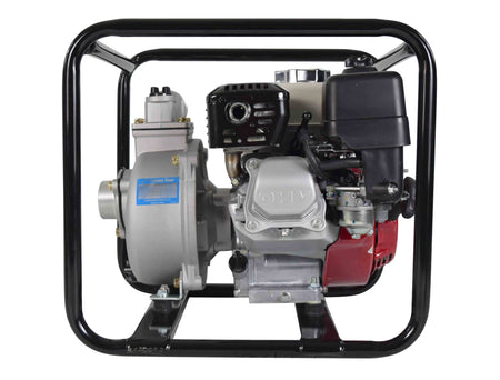 Side profile view of the 2 inch water pump showing the Honda OHV engine recoil starter, fuel tank, and the silver pump casing with blue Tsurumi Pump label.