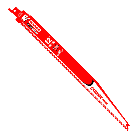  A Diablo 12" Carbide-Tipped Reciprocating Saw Blade. You can see the "Diablo" logo, the "12"" marking indicating its length, and the words "Carbide Teeth" which confirms it's carbide-tipped for durability. It also says "Wood" and "Nail Embedded" suggesting it's designed for cutting wood, even with nails in it.