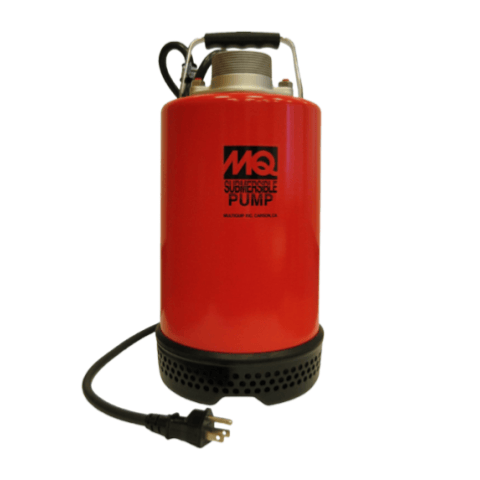  Red cylinder with a sturdy metal handle at the top and a thick black power cord coming out. The bottom has many openings, suggesting it's designed to be submerged in water for pumping.