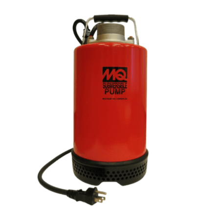  Red cylinder with a sturdy metal handle at the top and a thick black power cord coming out. The bottom has many openings, suggesting it's designed to be submerged in water for pumping.
