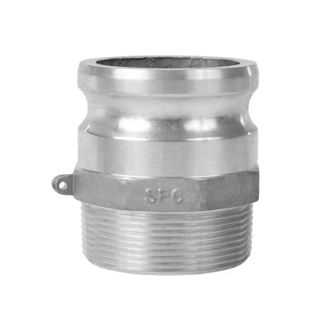 SealFast 2 Aluminum Male Adapter x Male NPT Cam & Groove Coupling in silver metal with threaded end and smooth flange.