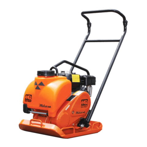  A flat, heavy metal plate at the bottom, like a large, thick foot. Above this plate is a compact engine, which you can feel through its shape and possibly some cooling fins. Extending upwards from the engine is a curved metal handle that you would grip to guide the machine. The whole thing feels like a tool designed to vibrate and compact materials like soil or gravel. You might feel some branding or labels on the engine or other parts.