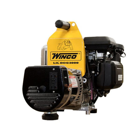 he Winco W3000H typically has a compact, open-frame design with a black metal frame surrounding the engine and generator components. The Honda GX160 engine is usually red with a black fuel tank on top. The control panel includes power outlets, a circuit breaker, and an engine switch, often located on one side. The generator is designed for portability but may not have built-in wheels.