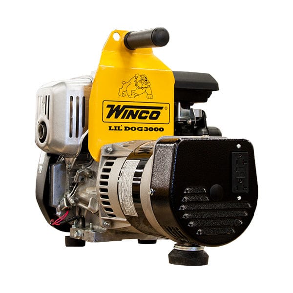 he Winco W3000H typically has a compact, open-frame design with a black metal frame surrounding the engine and generator components. The Honda GX160 engine is usually red with a black fuel tank on top. The control panel includes power outlets, a circuit breaker, and an engine switch, often located on one side. 