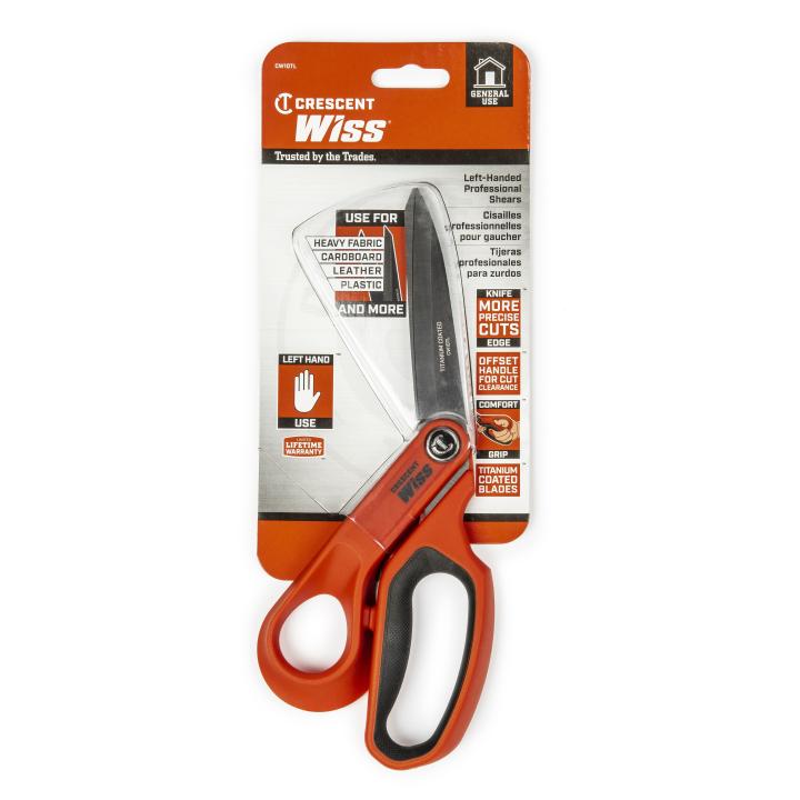This is a product photograph of Crescent Wiss 10" Left-Handed Professional Shears in their retail packaging against a white background.

The image shows the shears, which feature black blades and orange handles, encased in a clear plastic blister pack with a cardboard backing. The "Crescent Wiss" logo and product information, including the "Left Hand" icon, are visible on the packaging. The shot is taken from a slightly elevated angle, showcasing the product and its packaging.