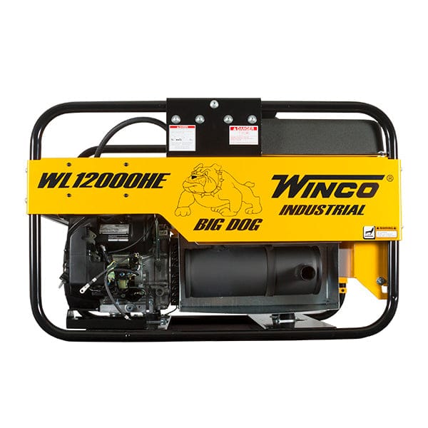  Winco Industrial Big Dog WL12000HE generator. This angle gives you a better look at the engine, the exhaust system, and the sturdy black roll cage designed to protect it. You can also clearly see the "Big Dog" logo with the bulldog illustration.