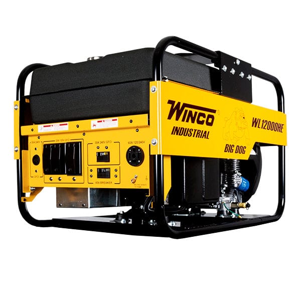 Winco Industrial Big Dog WL12000HE generator. It's a portable generator with a yellow and black color scheme, featuring a protective black roll cage around the engine and electrical components. You can clearly see the "Winco Industrial" and "Big Dog WL12000HE" labels on its side.