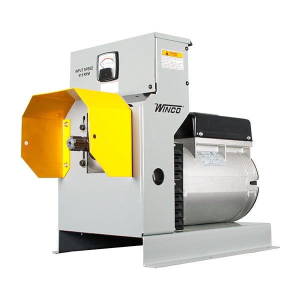 The Winco 50kW Single-Phase PTO Generator is a large, industrial-grade generator designed to be powered by a tractor’s Power Take-Off (PTO) system. It has a heavy-duty steel frame with a silver or gray exterior. The Winco branding is usually displayed on the unit.