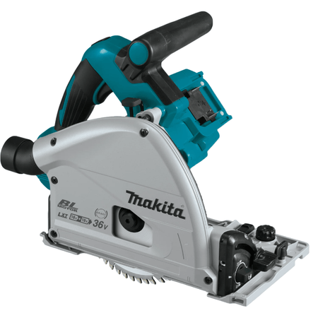 Image of Makita 36V LXT® Brushless 6‑1/2" Plunge Circular Saw (Bare Tool). This is a cordless track saw, predominantly silver and teal, with a black handle on top. The large, circular saw blade is partially visible beneath the silver guard, and the base features adjustment knobs, indicating its precision cutting capabilities.