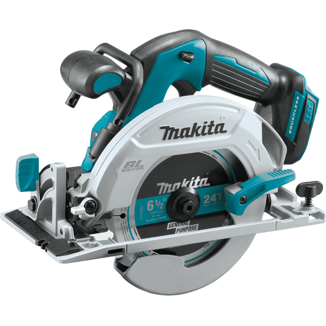 Image of Makita 18V LXT® Brushless Cordless 6‑1/2" Circular Saw (Bare Tool). This is a cordless circular saw, predominantly white and teal, with a black handle and a visible Makita brand blade. The saw's large, circular blade is partially covered by its protective housing, indicating it's ready for cutting tasks.