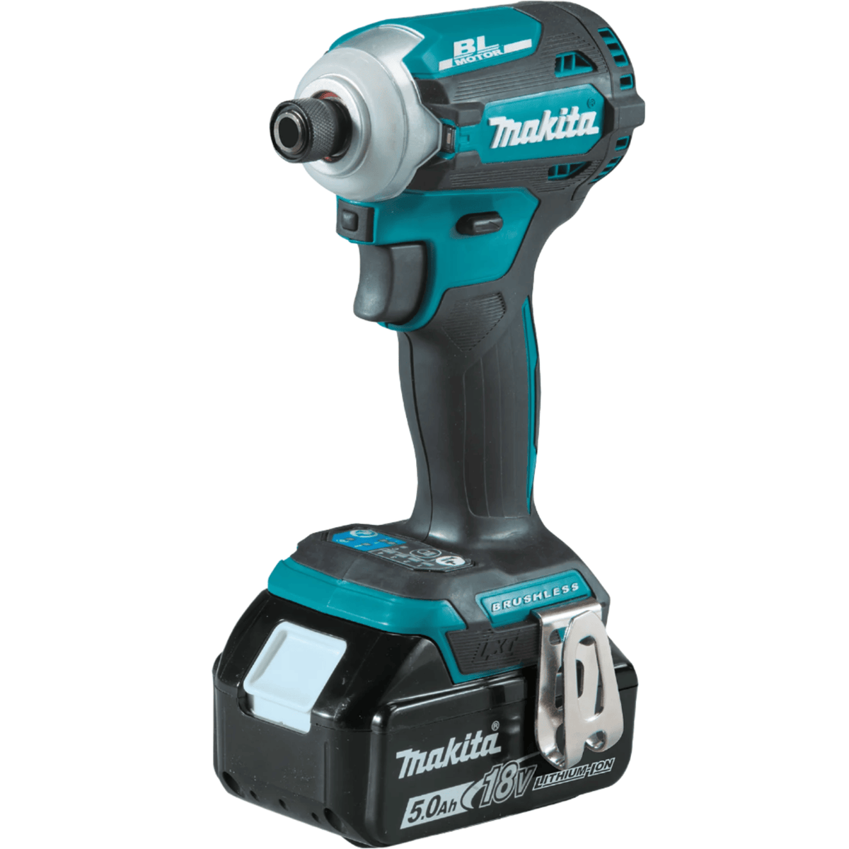 Image of Makita 18V LXT® Brushless Hammerdrill & Impact Driver Combo Kit XDT19. The image shows a teal and black Makita 18V LXT brushless impact driver. It has a pistol grip handle, a chuck at the top, a trigger, and a black battery pack with teal accents at the base, along with a silver belt clip.