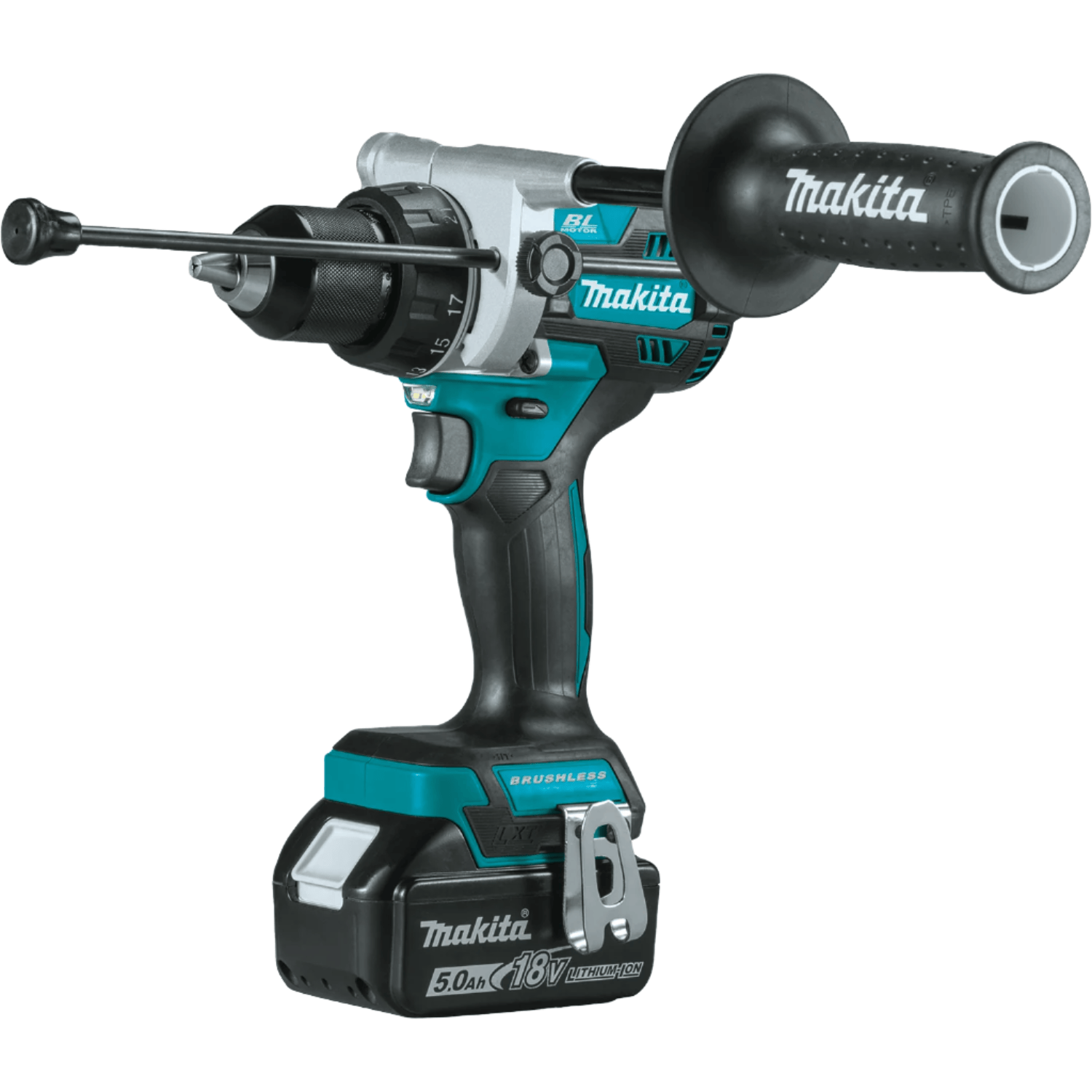 Image of Makita 18V LXT® Brushless Hammerdrill & Impact Driver Combo Kit XPH14Z. 
The image shows a teal and black Makita 18V LXT brushless impact driver. It has a pistol grip handle, a chuck at the top, a trigger, and a black battery pack with teal accents at the base, along with a silver belt clip.
