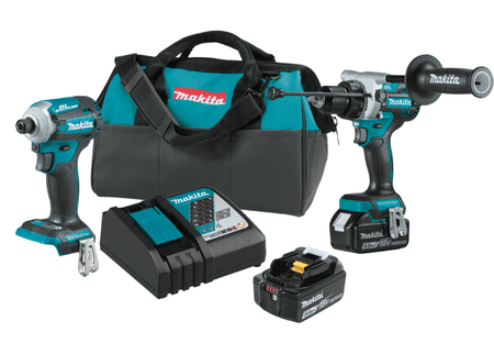 Image of Makita 18V LXT® Brushless Hammerdrill & Impact Driver Combo Kit. The image shows a Makita XT288T cordless power tool combo kit. It includes a teal and black impact driver, a teal and black hammer drill with an auxiliary handle, two black batteries with teal accents, a black charger with teal details, and a black and teal carrying bag with the white "Makita" logo.