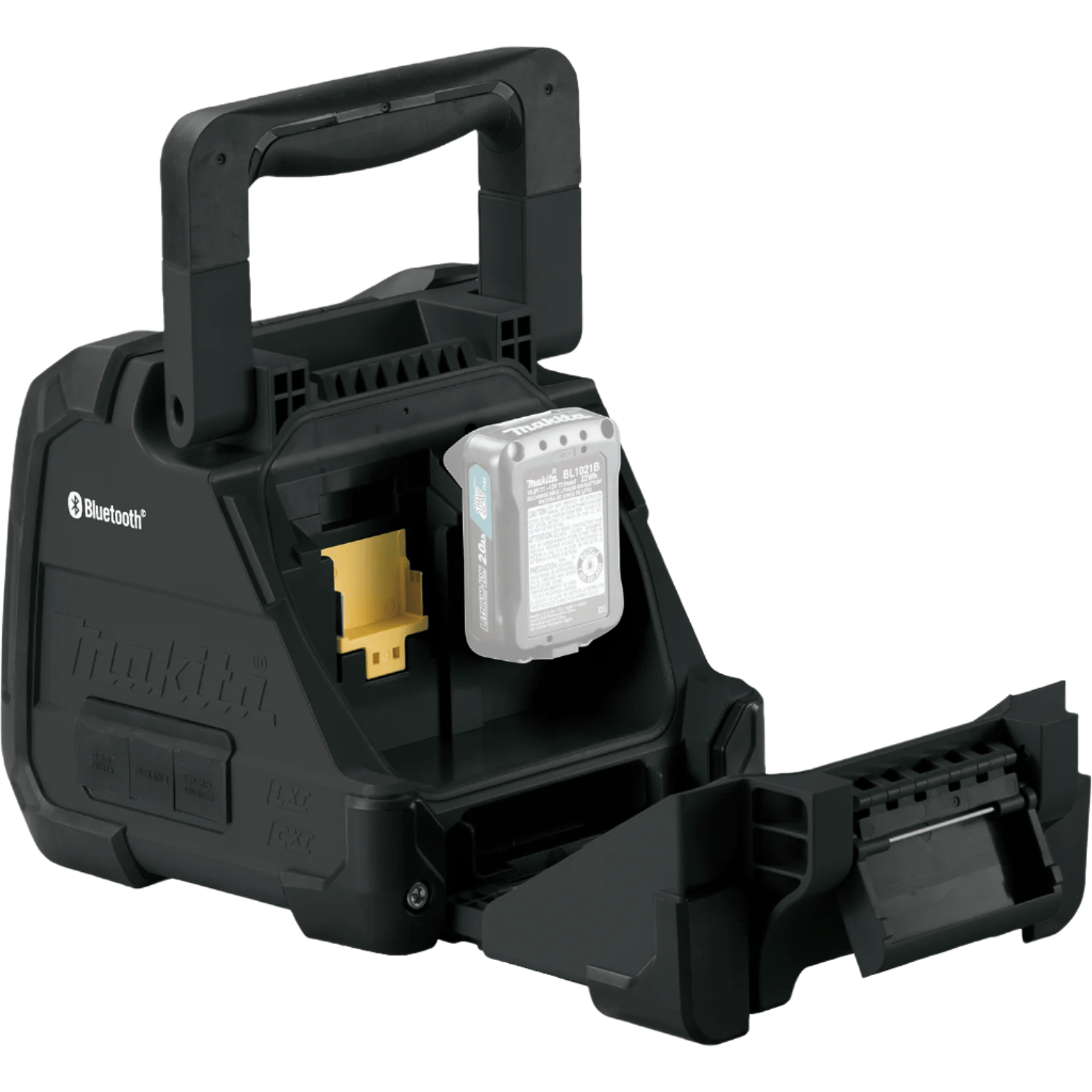 The back of a box-shaped device with a handle shows an open compartment. Inside, there is a space for a battery with a yellow connector.