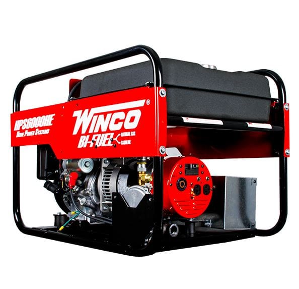  Winco HPS6000HE Bi-Fuel Generator. You can see the red side panel prominently displaying the "WINCO" logo and the "HPS6000HE Home Power Systems" model name. The "BI-FUEL" marking is also visible, indicating its ability to run on either natural gas or gasoline. The black fuel tank is situated on top, and the sturdy black roll cage frame surrounds the entire unit. You can also see parts of the engine and the red electrical outlet panel on the side.