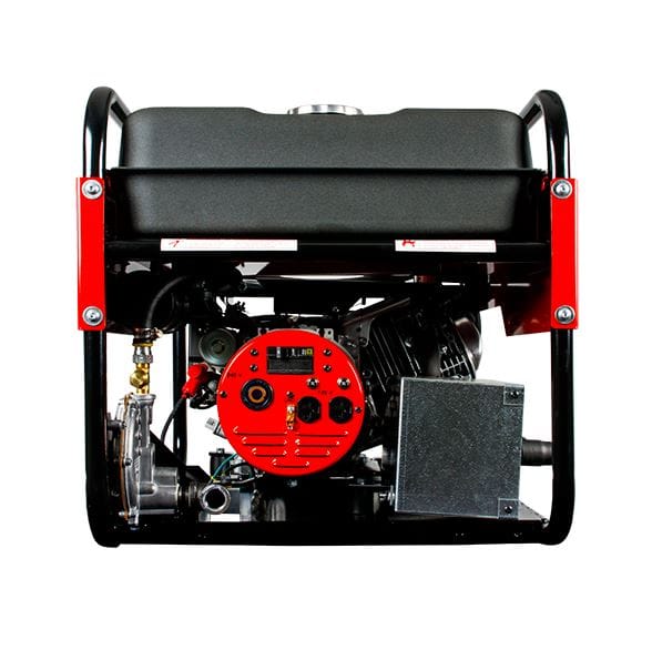  Winco HPS6000HE generator. You can clearly see the round, red electrical panel with several covered outlets and possibly a digital display. Above it sits the black fuel tank. The sturdy black metal frame surrounds these components, with red supports visible on the sides. You can also make out some of the engine parts and connections underneath.