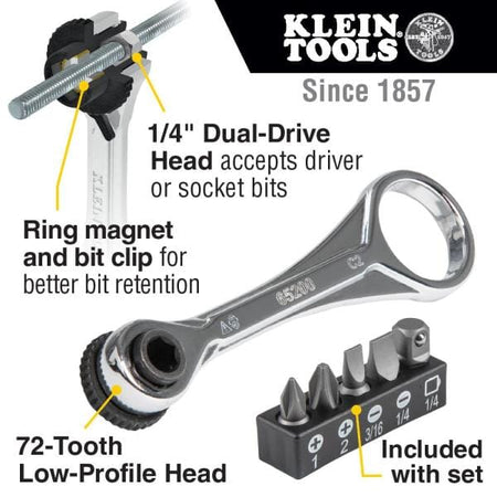 Klein Slim-Profile Mini Ratchet Set, 5-Piece 65200 features
The image shows a set of tools on a white background. A black holder contains several small, silver screwdriver bits. The bits vary in size and shape, including flat-head and Phillips head. Some bits have labels indicating their size. The tools appear to be for precision work.