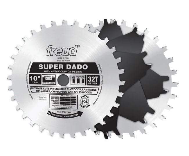 Freud  SD510 10" Super Dado Sets BLADES. This is a circular dado saw blade set, with the front blade being silver and featuring the "freud" logo at the top and "SUPER DADO" in bold text. Behind it is a black dado chipper blade, and the front blade also indicates a "10"" diameter and "32T" for 32 teeth, designed for ultimate cuts in various wood materials.